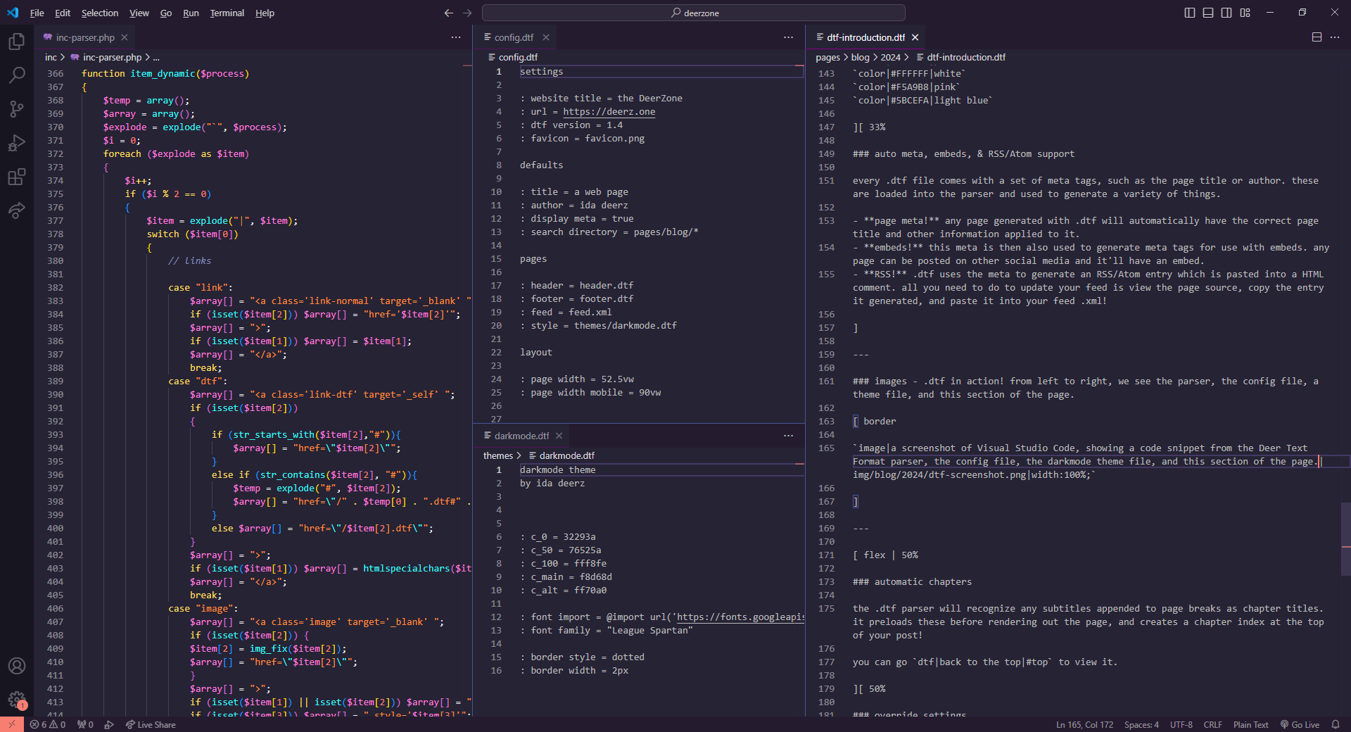 a screenshot of Visual Studio Code, showing a code snippet from the Deer Text Format parser, the config file, the darkmode theme file, and this section of the page. a screenshot of Visual Studio Code, showing a code snippet from the Deer Text Format parser, the config file, the darkmode theme file, and this section of the page.